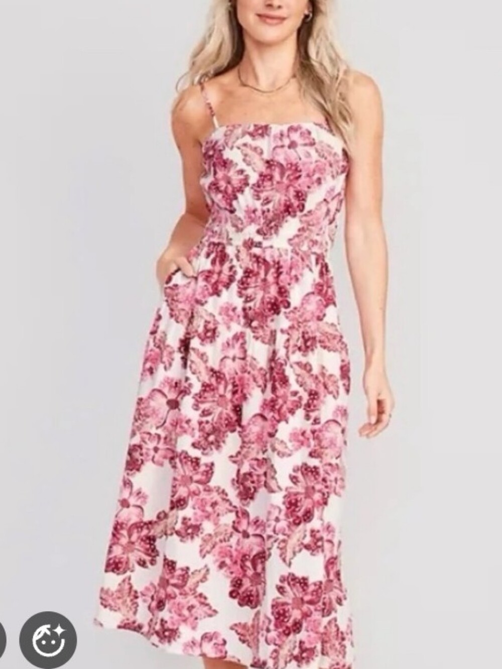 Old Navy Sz L White and Pink Floral Smocked Waist Midi Dress